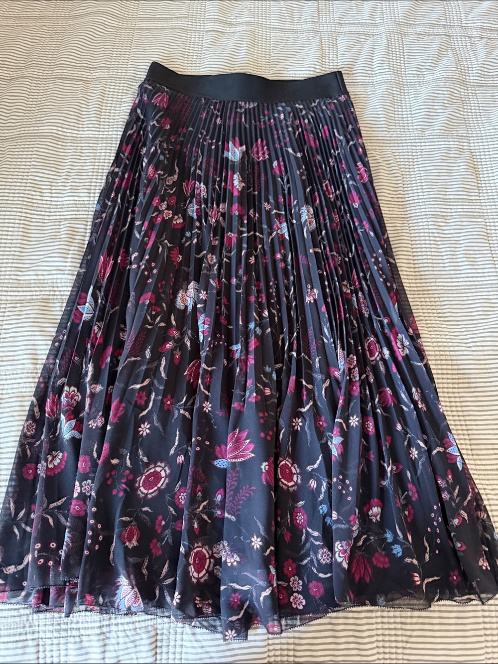 Aritzia Black Pleated Midi Skirt with Pink & Blue Floral Print